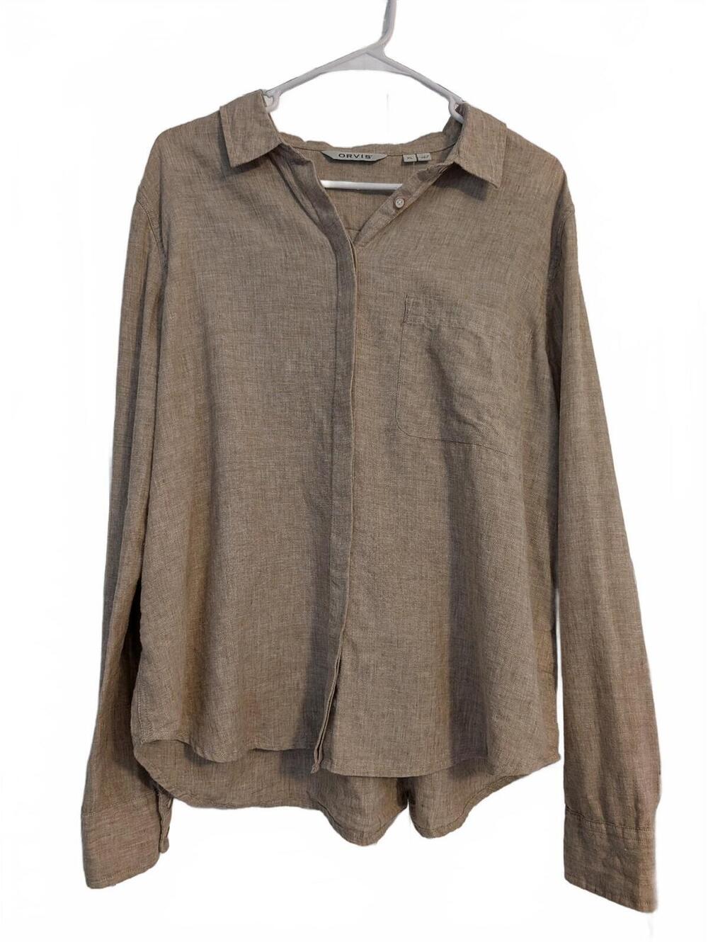Orvis Men's XL Linen Blend Button-Up Shirt Beige Oatmeal Covered Buttons Outdoor